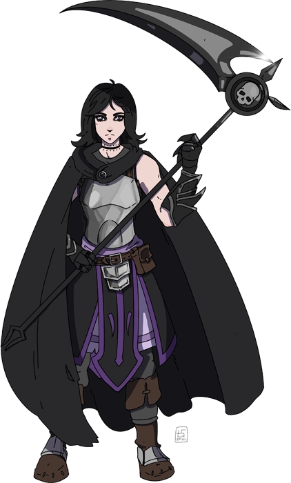 A pale ravenette human woman wearing travelers clothes and a breastplate holding a large dark scythe.